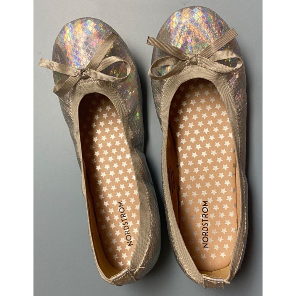Girls Nordstrom Sz 3M Elise Ballet Flats w/Bow Rainbow Iridescent - Picture 2 of 14